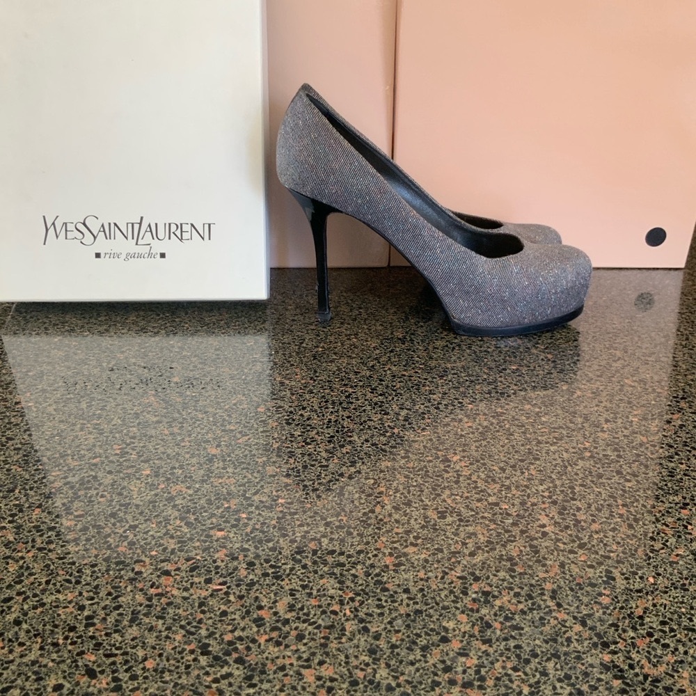 Yves Saint Laurent Tribtoo 80Pump Jeans Lurex Blue Multicolor 4 1/4” Heels Sz40